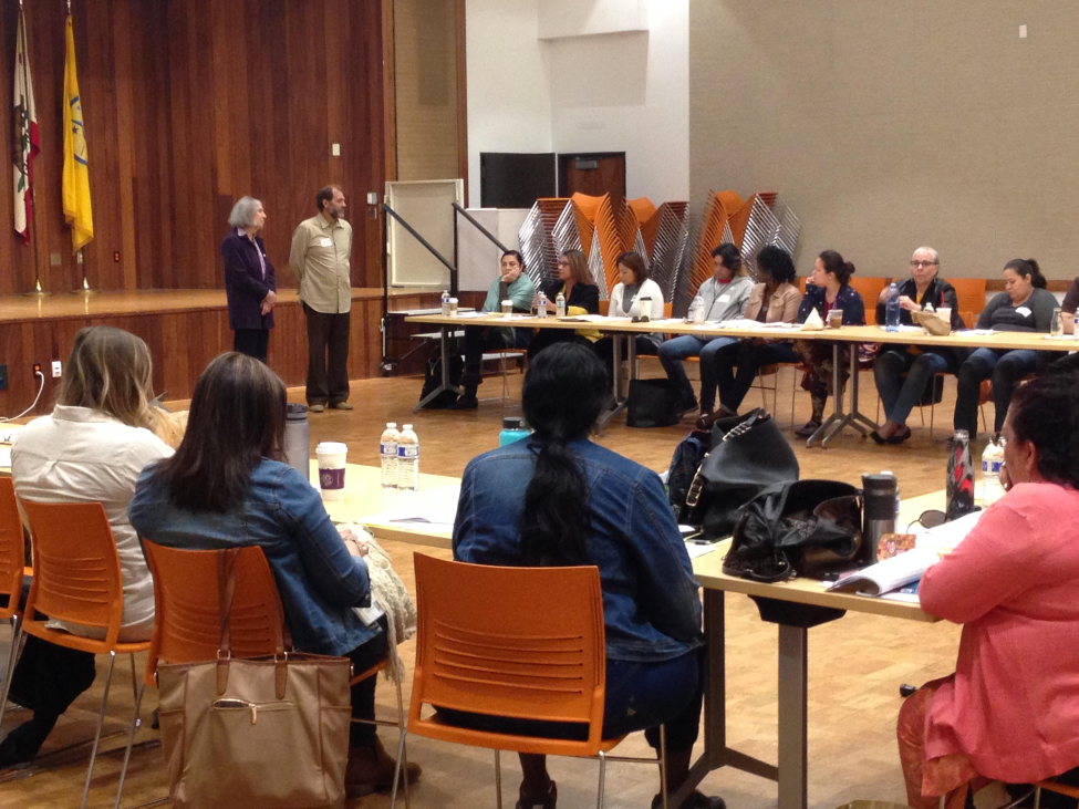 Photo of the training series, many people sitting at tables with their attention on the presenter.